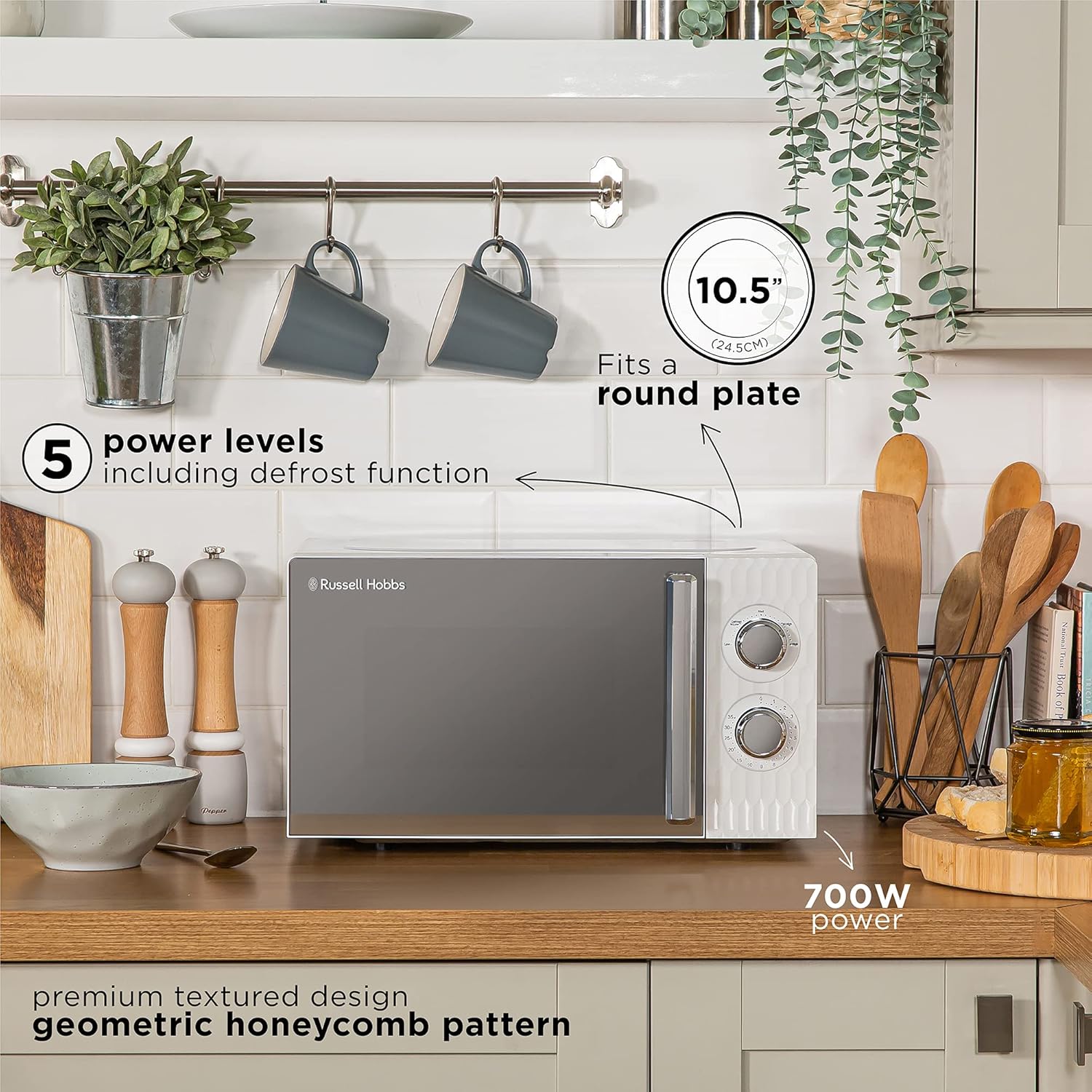 Russell Hobbs Honeycomb RHMM715G 17 Liter 700 W Grau Solo manuelle Mikrowelle mit 5 Leistungsstufen, integrierter Timer und Auftaufunktion