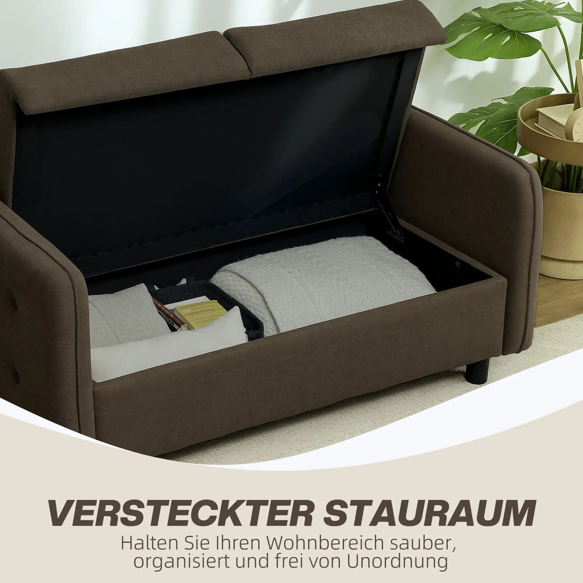 HOMCOM 2-Sitzer Sofa mit Stauraum & Samtoptik, Braun