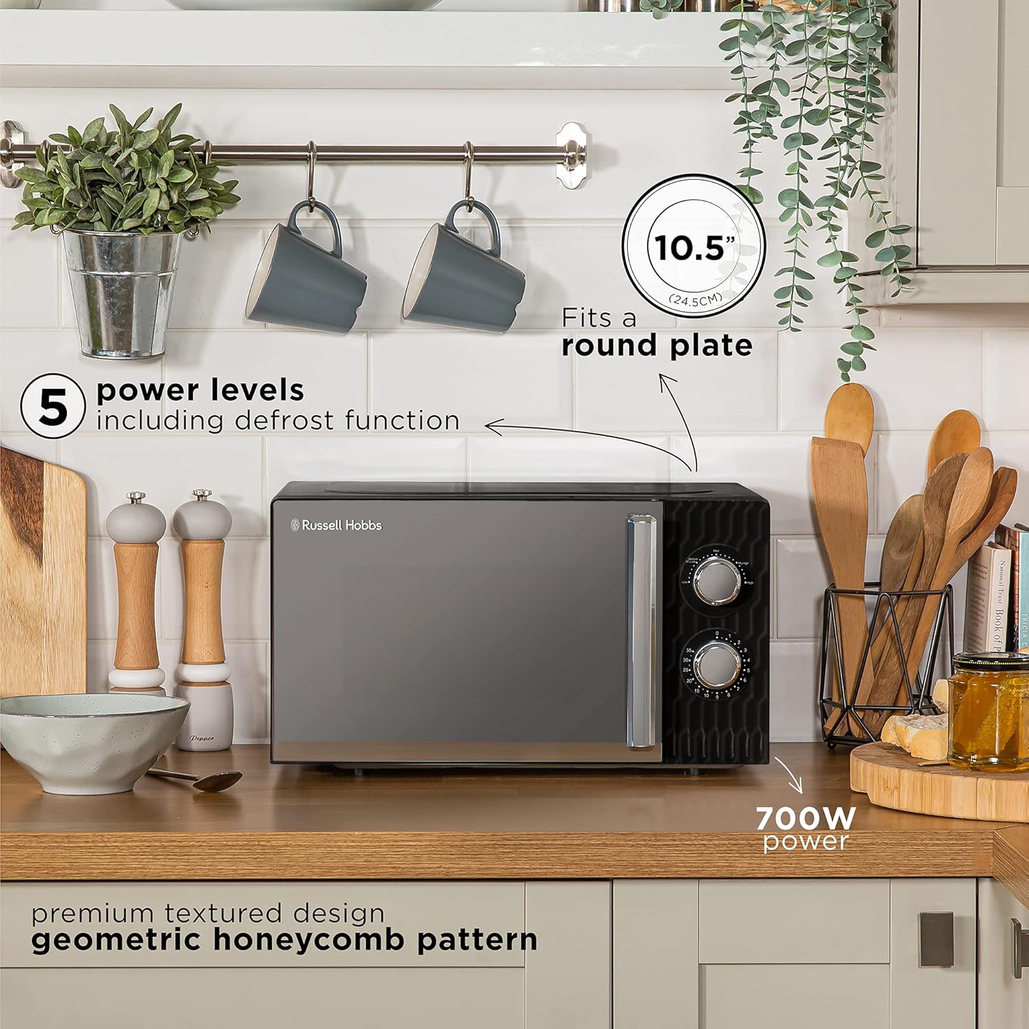 Russell Hobbs Honeycomb RHMM715G 17 Liter 700 W Grau Solo manuelle Mikrowelle mit 5 Leistungsstufen, integrierter Timer und Auftaufunktion