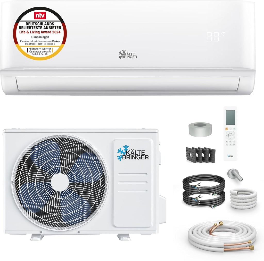 Kältebringer Split Klimaanlage - 9000 BTU (2,6 kW) - Klimagerät mit Heizfunktion, WiFi & App, bis 45qm, sehr leise - Set mit 5m Kupferleitung, Kältemittel R32, Montagematerial, Wandhalterung